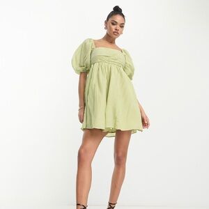 Abercrombie & Fitch Green Puff Sleeve Mini Babydoll Dress- Size Small